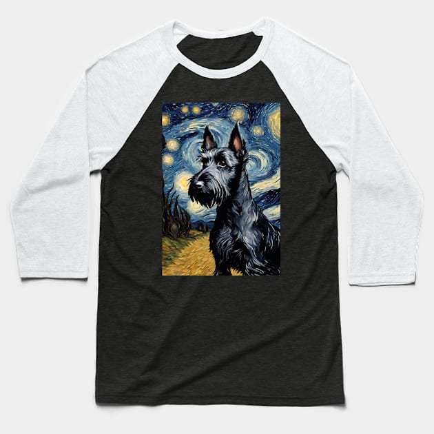 Cute Scottish Terrier Dog Breed Painting in a Van Gogh Starry Night Art Style Baseball T-Shirt by Art-Jiyuu